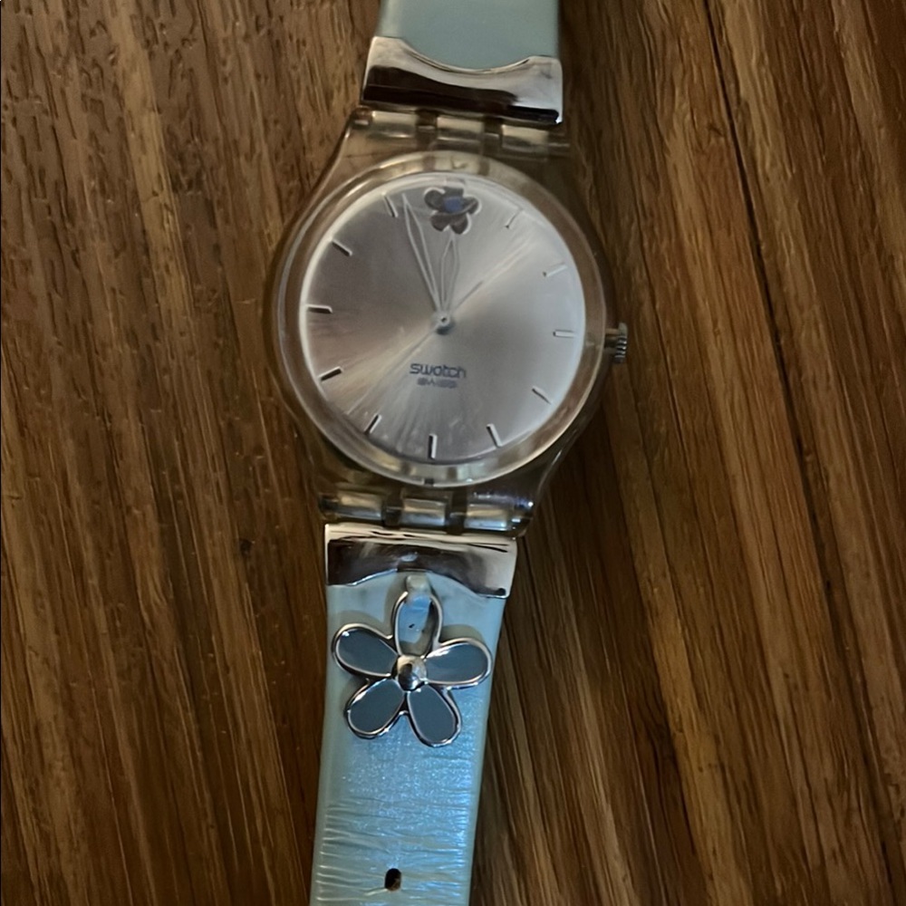 Swatch Silver and Blue Watch with Flower Accent